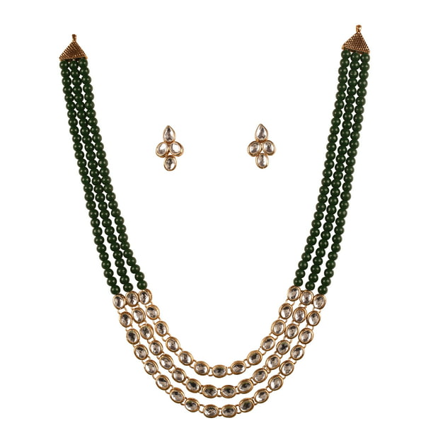 pearl  and onyx beaded layered matinee necklace set High quality  kundan